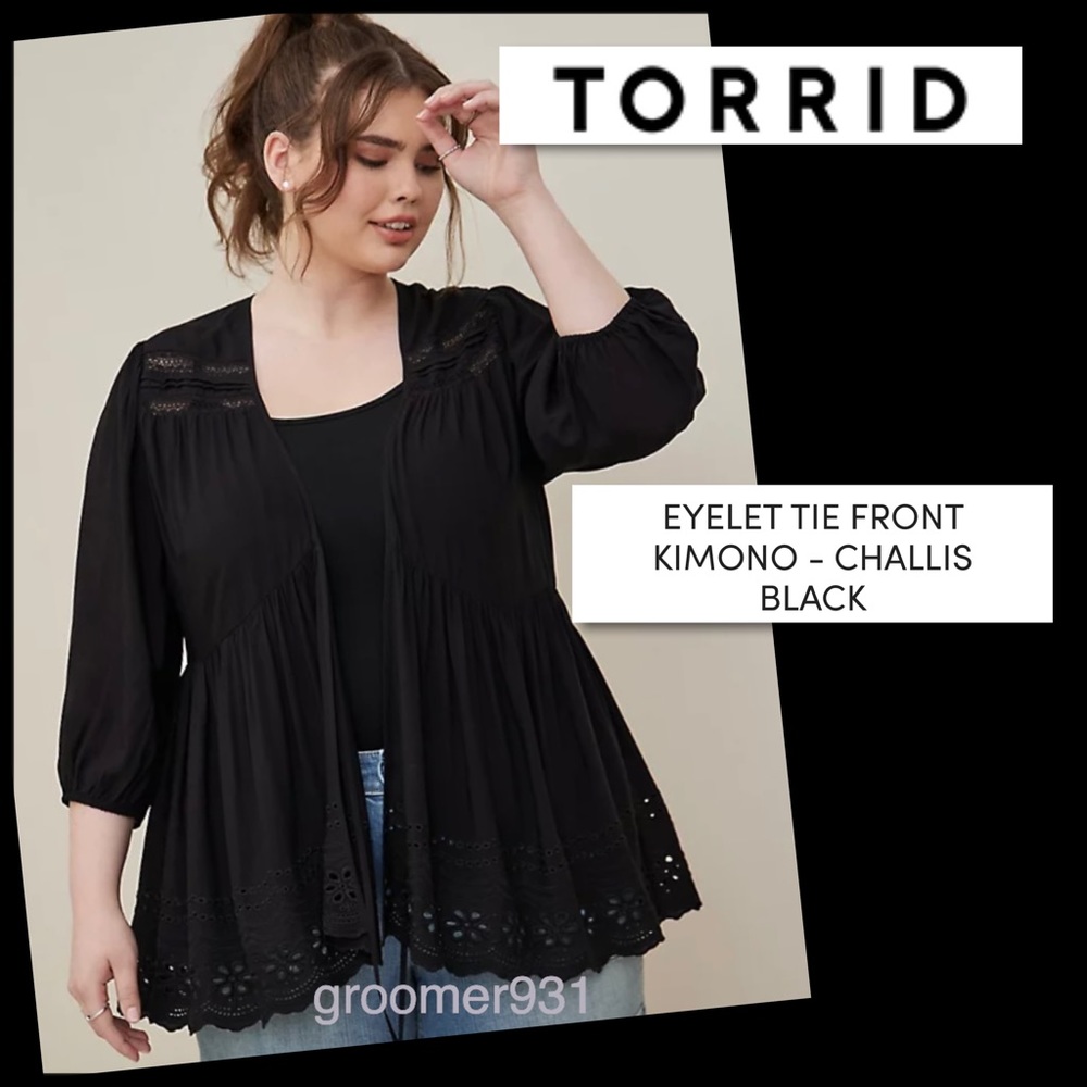Torrid Challis Black Eyelet Lace Tie-Front Kimono NWT Sizes 2X & 5X